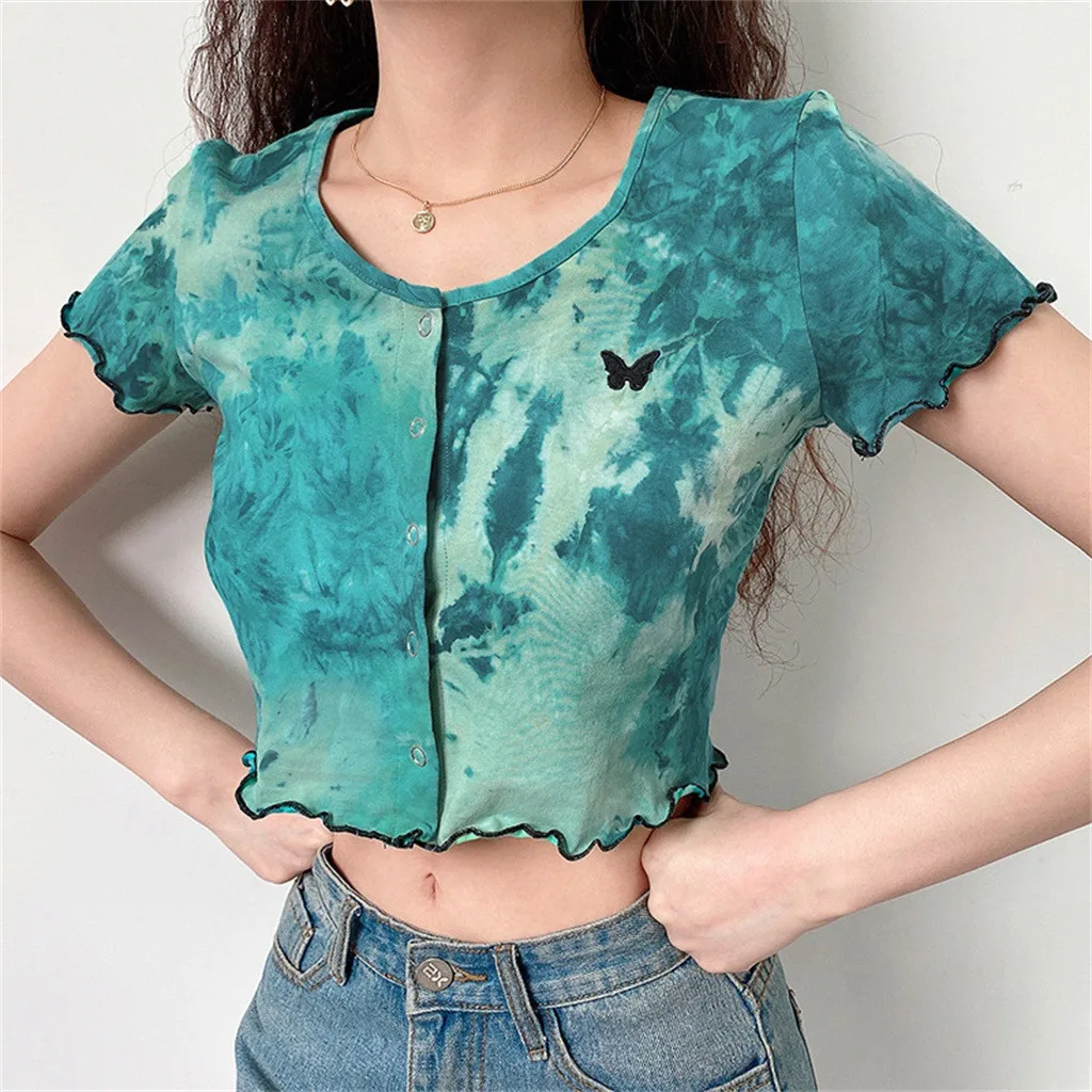 

Fashion Women Top Butterfly Embroidery Short Sleeve T-Shirts Summer Hot Sale O-Neck Short Top Tees Harajuku Female Clothing