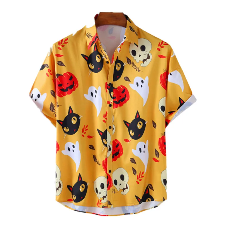 Korean Mens Vintage Yellow Shirt Summer New Hawaiian Short Sleeve Shirt Halloween Pumpkin Print Beach Shirts Man Oversized Hemd