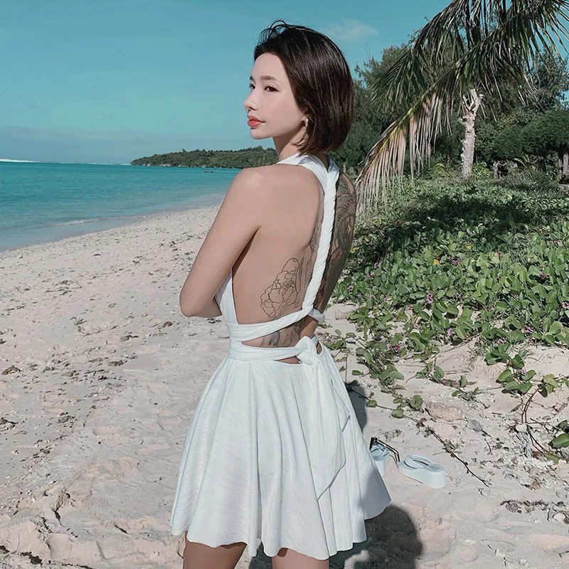 

Купальник для девочек, монокини, закрытый Цельный купальник для женщин, купальник для пляжа, Женская пикантная Однотонная юбка из полиэстер...