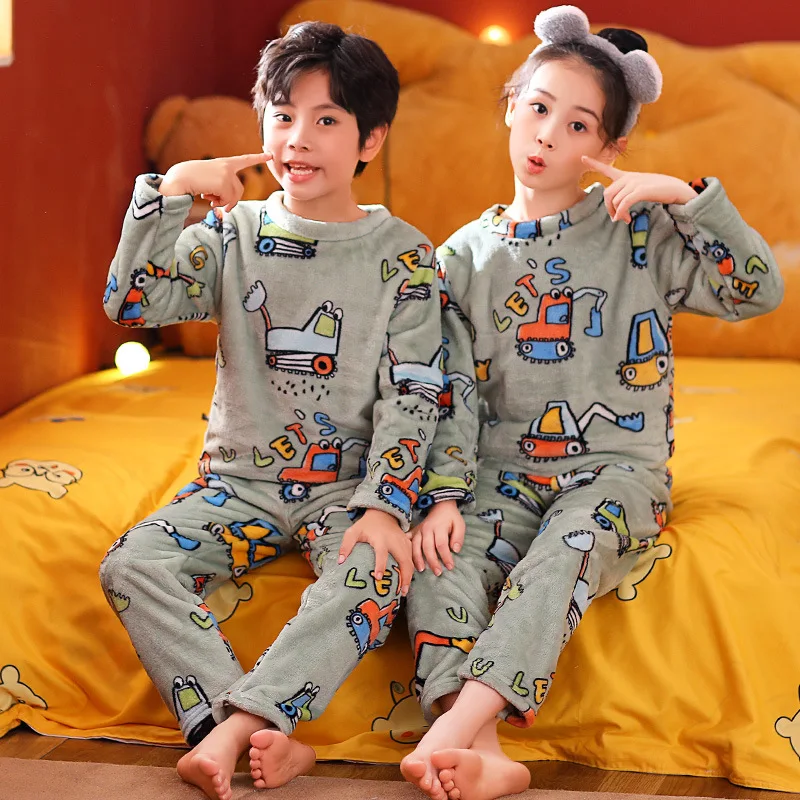 Pijamas de franela de manga larga para ni&ntilde;os y adolescentes, ropa de dormir para el hogar, de invierno-4