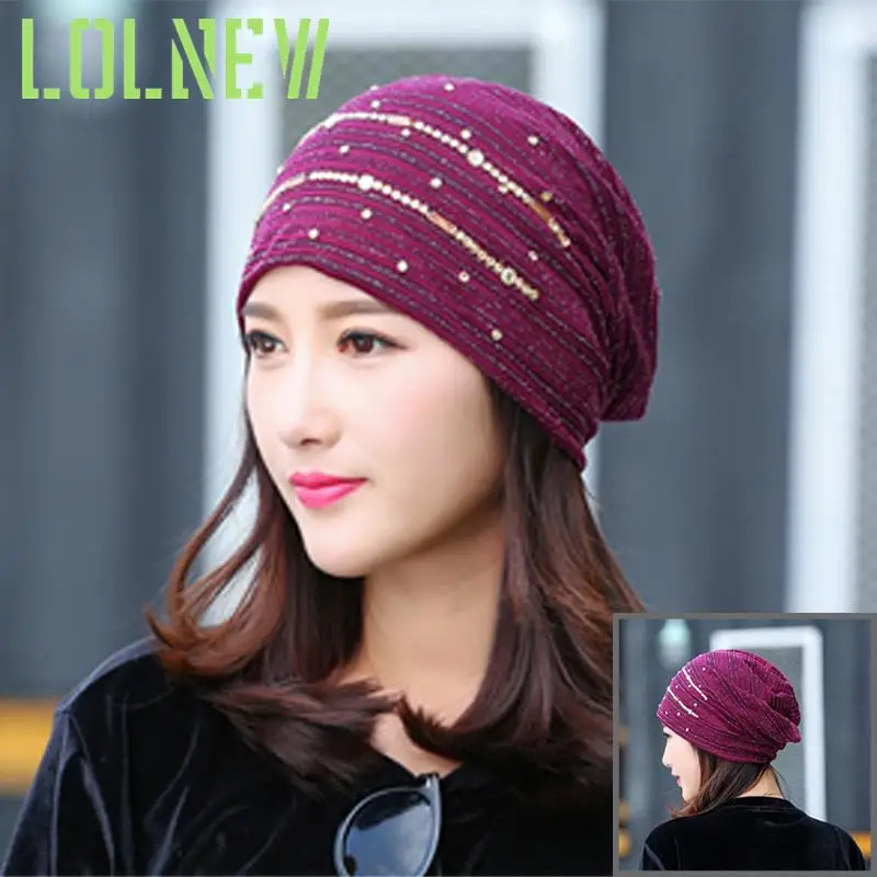 

Women's Fashion Solid Color Hat Scarf Winter Thin Lace Gold Sequins Beanies Scarves Set For Girls Bonnet Femme Skullies Caps