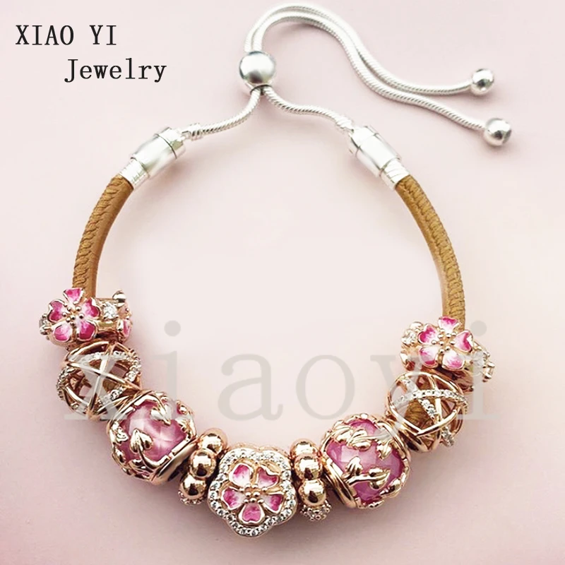 

XIAOYI 2020 new 100% s925 Pink forest series peach blossom glass hollow out ball brown leather pull chain suitable for wedding