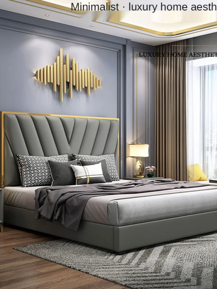 Постмодернизированная роскошная кожаная двуспальная кровать простая