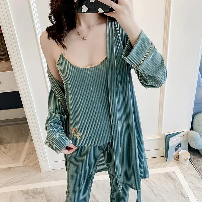 3pcs Robe 1 Новинка, Осенний бархатный женский халат, набор, сексуальное кружевное кимоно, халат, 2 шт., ночная рубашка, Свадебный халат для невесты, M, L, XL - Цвет: 3pcs Robe 1