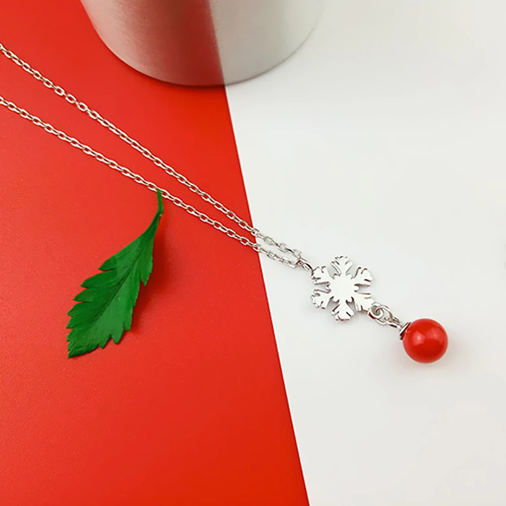 Женское модное ожерелье Снежинка с красным шариком из стерлингового серебра 925