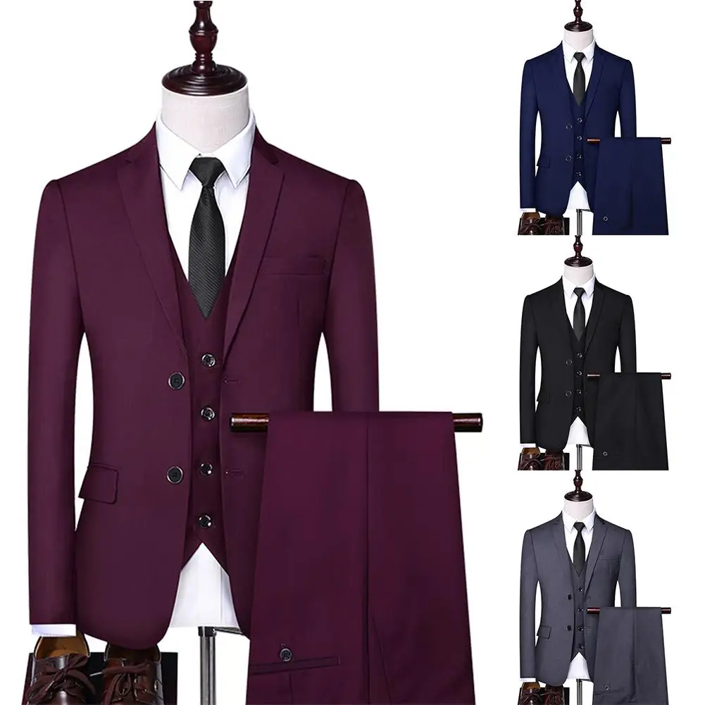 

Men Solid Color Lapel Collar Coat Vest Long Pants Business Wedding Slim Suit Set