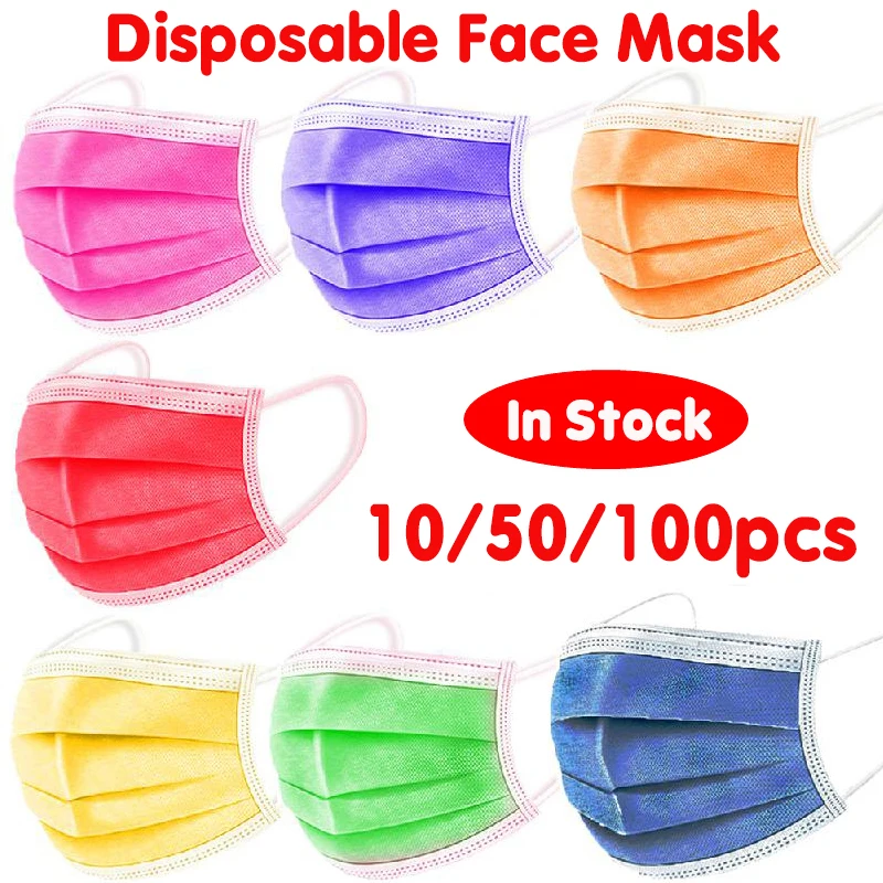 

10/100pcs Disposable Non-woven 3-layer Filter Mask Purple Orange Fruit Green Mouth Face Mask Adult Breathable Multicolor Mask