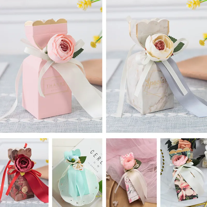 

5pcs New Marble Wedding Favor and Sweet Dragee Gift Bags Candy Box for Wedding Baby Shower Birthday Wrapping Paper with Flower