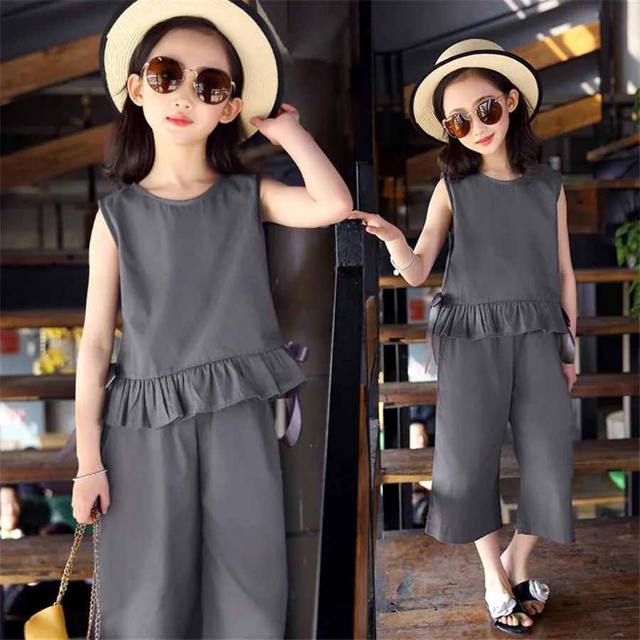 Летние комплекты одежды для девочек 2020 Детские однотонные костюмы без рукавов и