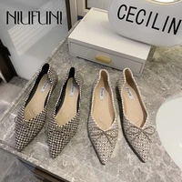 niufuni 2021 pointed houndstooth womens shoes rhinestone rivet bow shallow flats ladies shoes pump slip on dress shoes summer