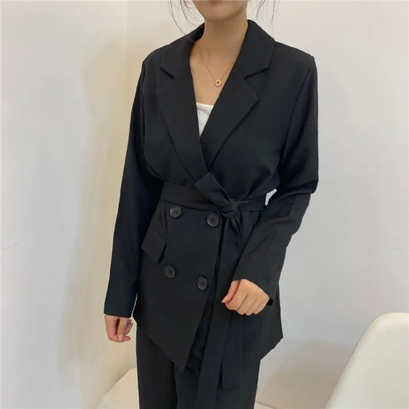 

Women Pant Suit Notched Blazer Jacket New Loose Lady Casual Korea Double Breasted Pocket Office Bandage Female Sets Harajuku