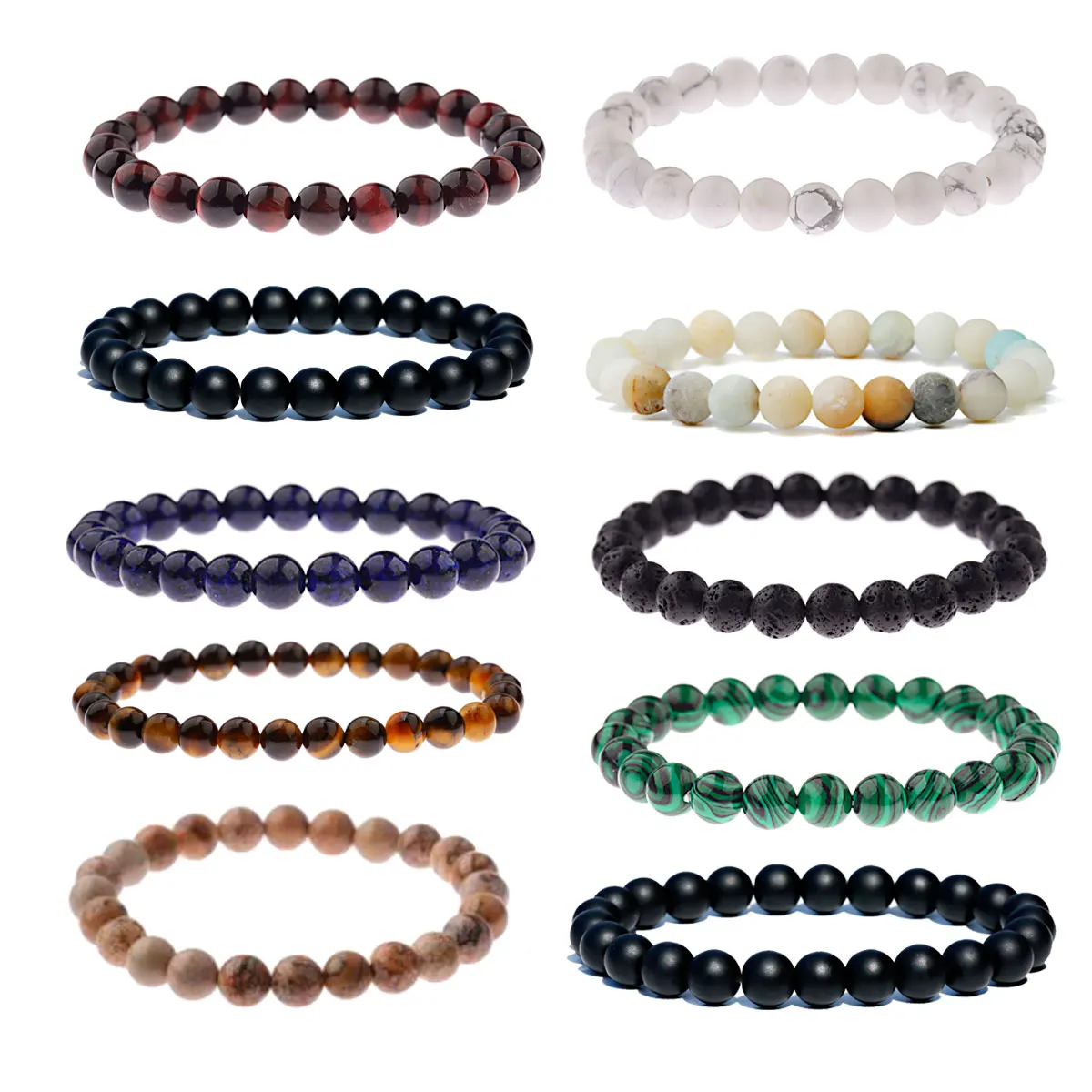 

10pcs Nature Beaded Bracelet Men 8mm Natural Stone Lava Rock Tiger Eye Black Onyx Matte Healing Beads Stretch Charm Yoga Jewelry