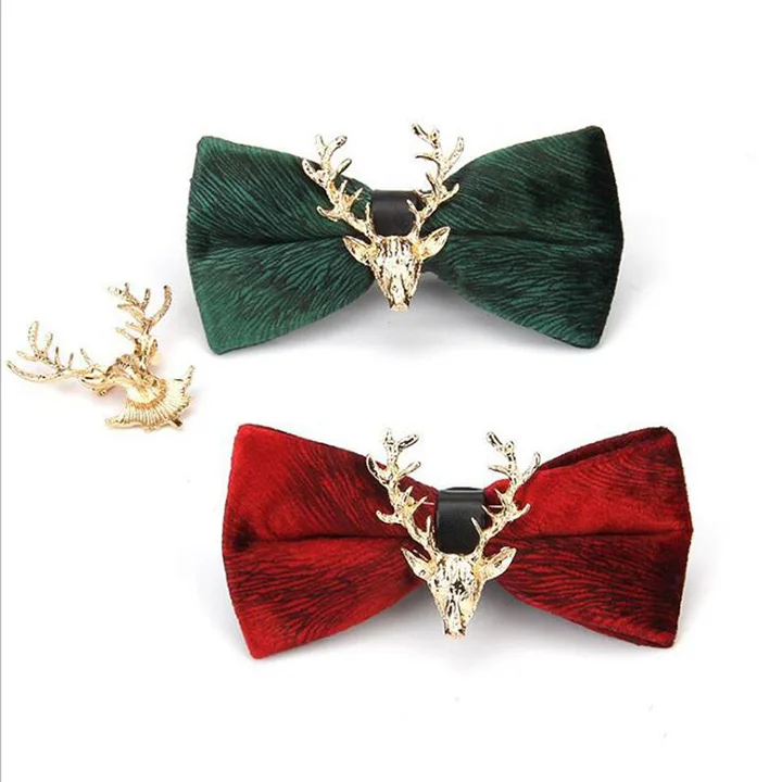 

Ricnais New Golden Velvet Christmas Elk Head Bow Tie Men Necktie For Business Wedding Party Gift Skinny Cravats Luxurious Bowtie