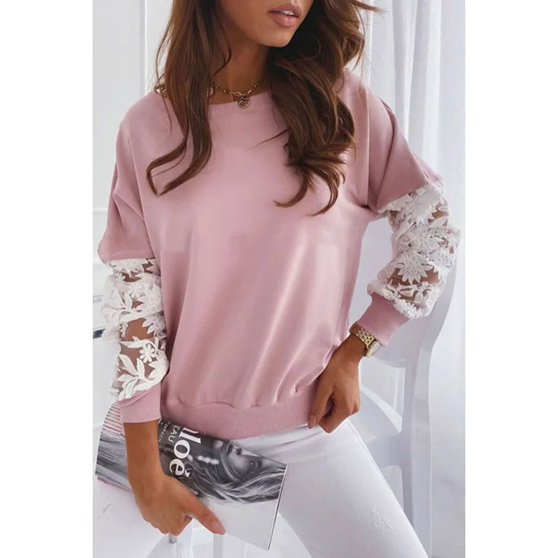 

Кружевные женские блузки с круглым вырезом, блузки с длинным рукавом и рубашки, Осенние однотонные повседневные Модные женские блузки, Женс...