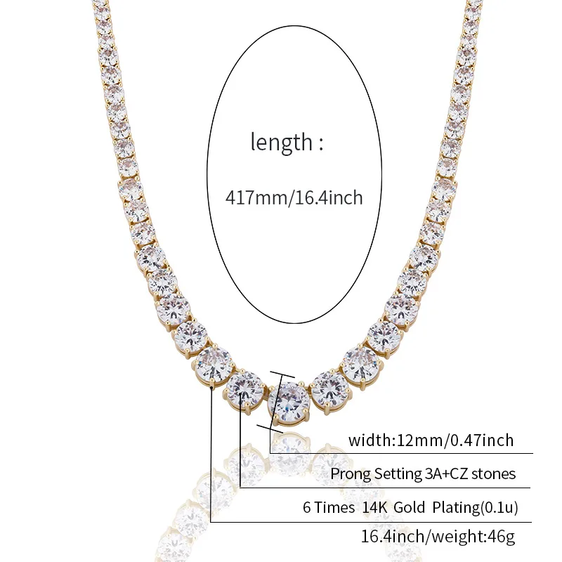 

All New Hip Hop Pave Setting AAA+ Cubic Zircon Stone Necklace High-quality Fashion Size Gradient Tennis Chain Link For Men