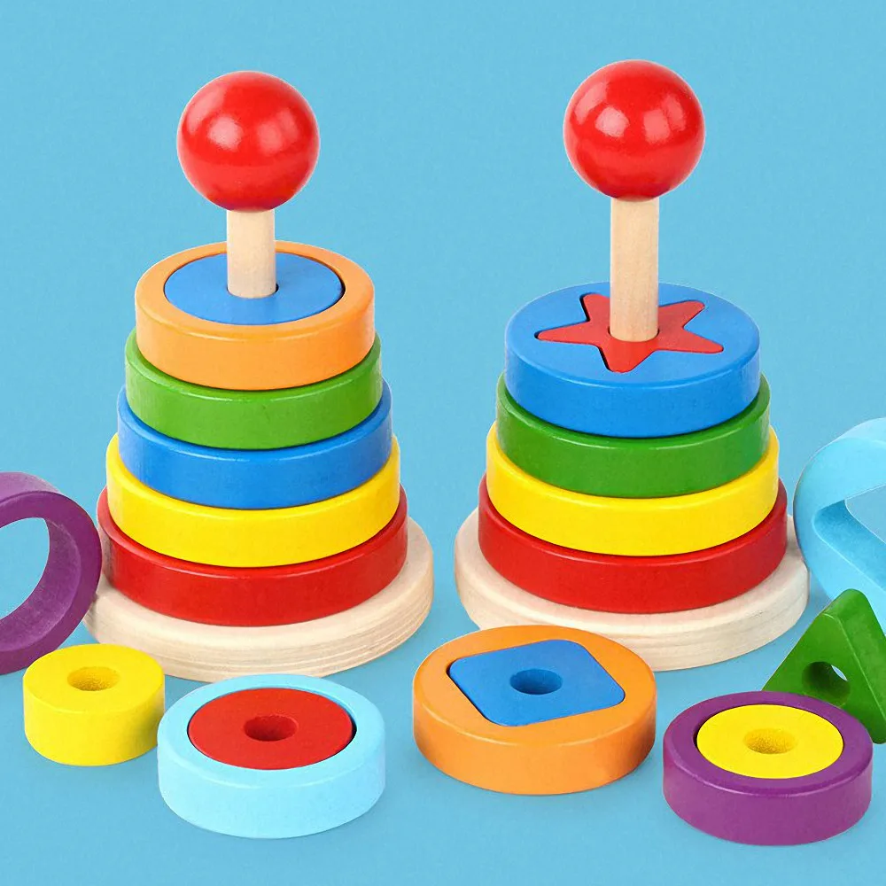 

Kids Wooden Hanoi Tower Puzzle Rainbow Stacking Toy Matching Blocks Children Babies Learning Education Toy Color Cognitive