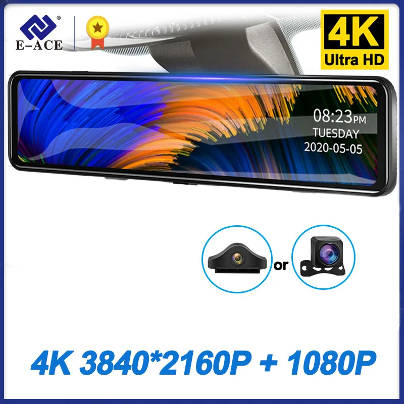 

E-ACE 12 Inches Car DVR 4K 3840*2160P Dash Cam Rear View Mirror Video Recorder Sony IMX335 Dual Lens Car Camera Parking Monitor