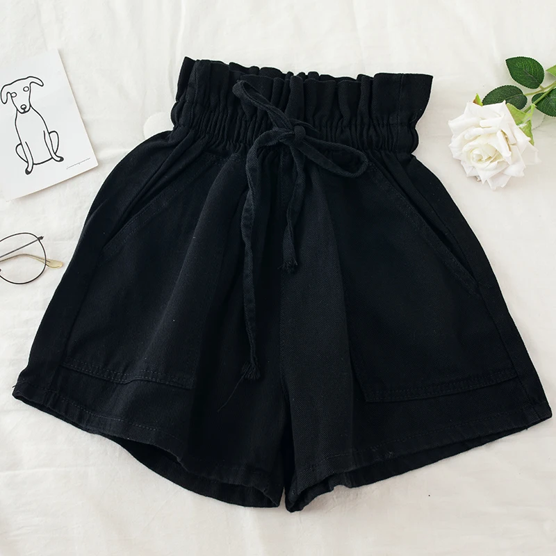 

Denim Shorts Women Summer Wild Flower Buds with Elastic High Waist A-line Loose Hot Pants Student Wide-leg Pants