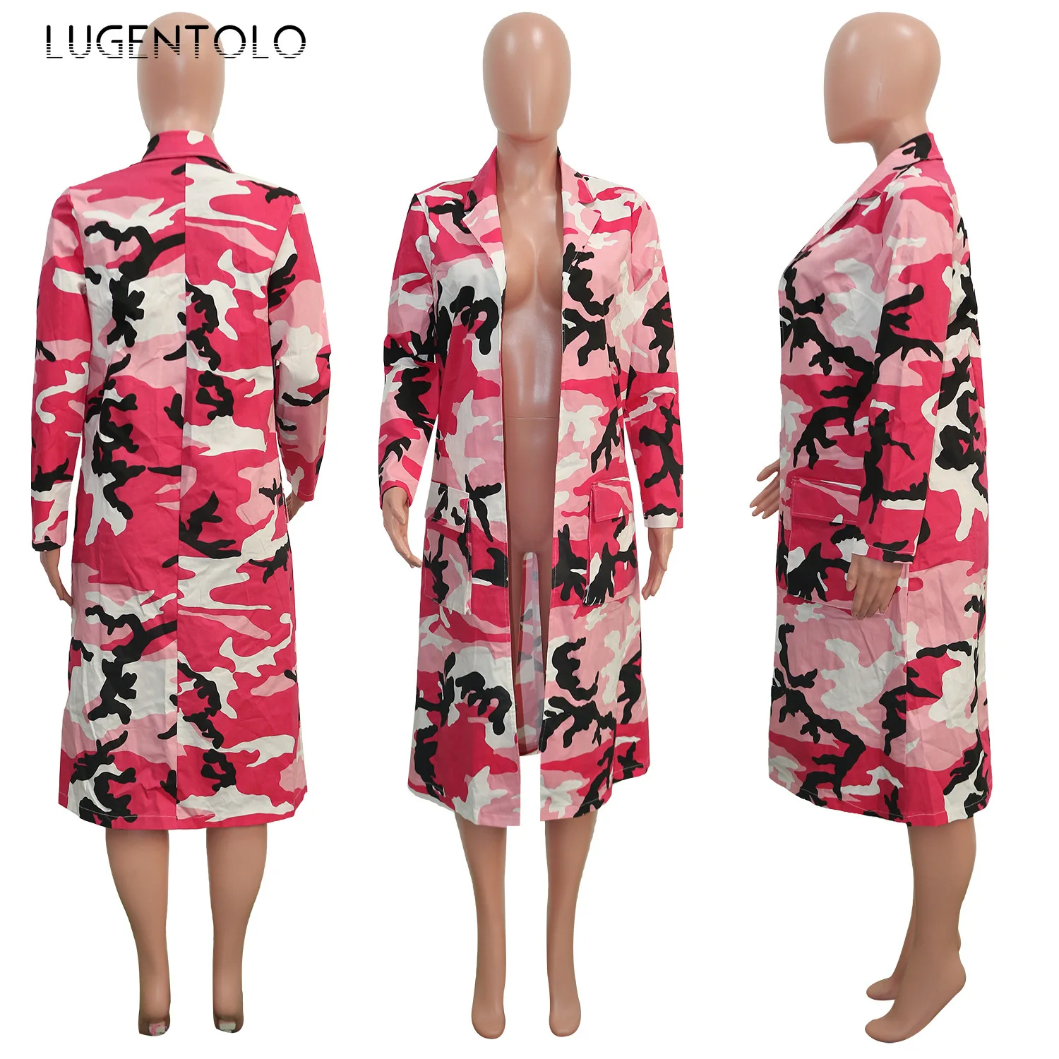

Lugentolo Women Trench Autumn Coat Female Camouflage Printed Mid-Length Coats Lapel Cardigan Fashion Trench