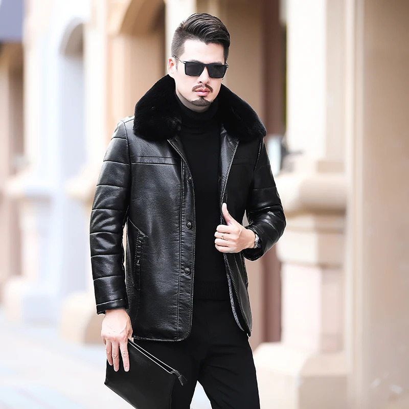Новое пальто из овчины размера плюс 6XL, мужская куртка из натуральной кожи, Высококачественная кожаная куртка с воротником из меха енота