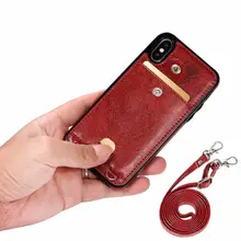 Leather Cell Phone Case Bag Shoulder Pocket Wallet Pouch Case Neck Strap for iPhone X XS Max XR 11 Pro Max 6 6S 7 8 Plus