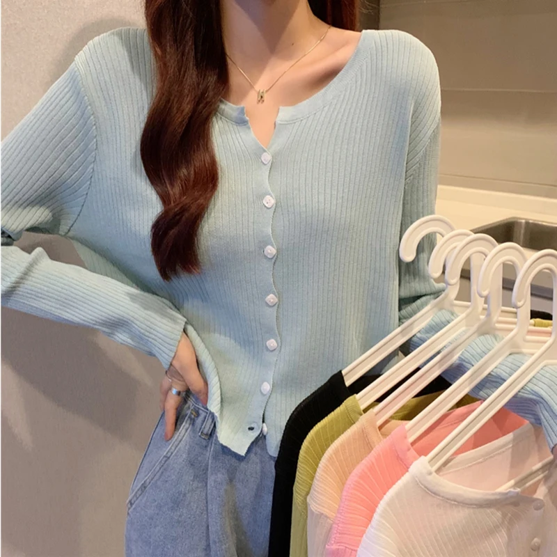 

White Knitted Open Stitch Sweaters Women Spring Autumn Short Crop Top Solid Female Clothing V-Neck Long Sleeve Sueters De Mujer
