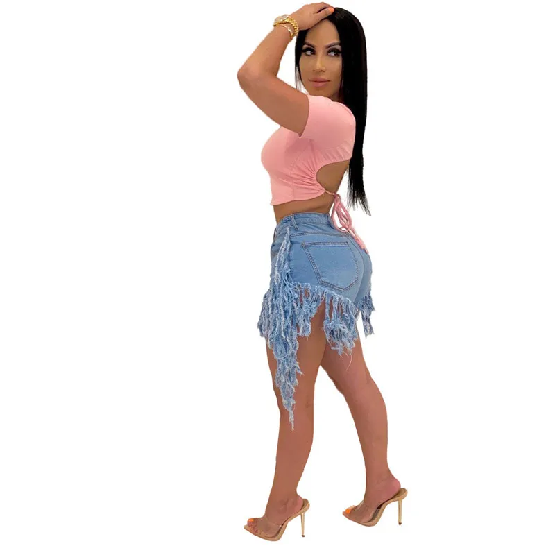 

Women Shorts Casual Solid Color Tassel Sanded Tassel High Waist Jeans Shorts Women Summer Straight Trousers Denim Short Trousers