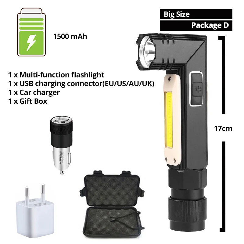Package D-Big size Многофункциональный светодиодный фонарик 5 Режим освещения USB перезаряжаемая Рабочая лампа Регулируемая лампа передние и задние сильные Магнитный факел - Испускаемый цвет: Package D-Big size