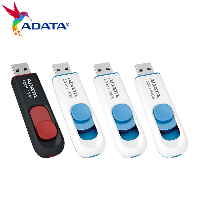 Оригинальный ADATA USB 2 0 выдвижной флэш-накопитель C008 64 ГБ 32 16 8 флешка для компьютера