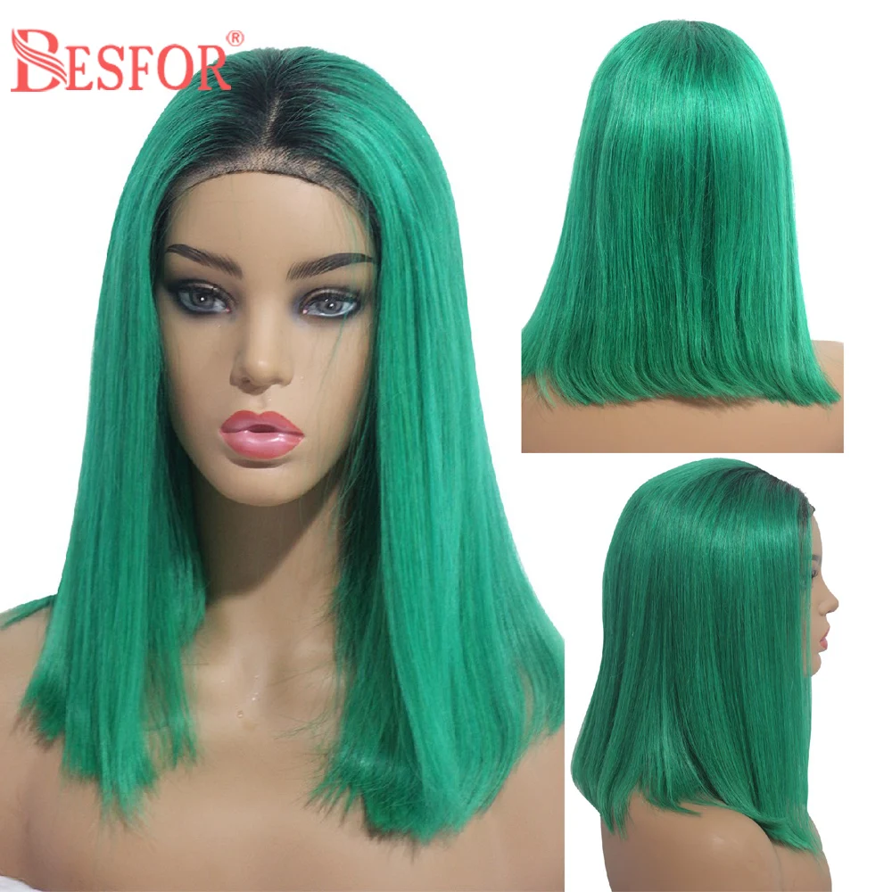 

BESFOR Middle Parting Ombre 1B-Green Bob Wigs Straight Real Brazilian Virgin Human Hair 13x4 Lace Front Wig For Black Women Remy