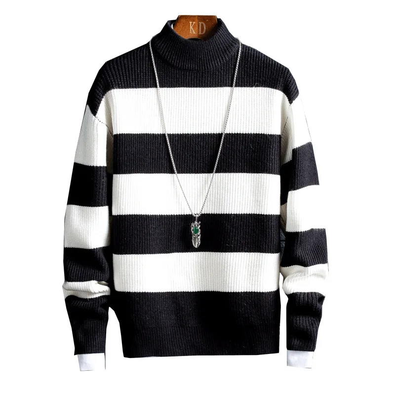 

Duckwaver Men's New Striped Turtleneck Pullover sweater men Thicken Warm Knit Sweater korean fashion pulover de hombre