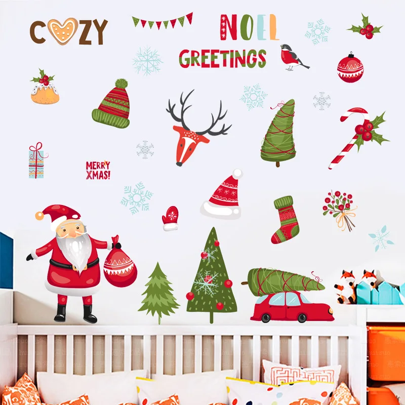 Рождественская Наклейка на стену съемный Санта снеговик сани лось елка наклейки