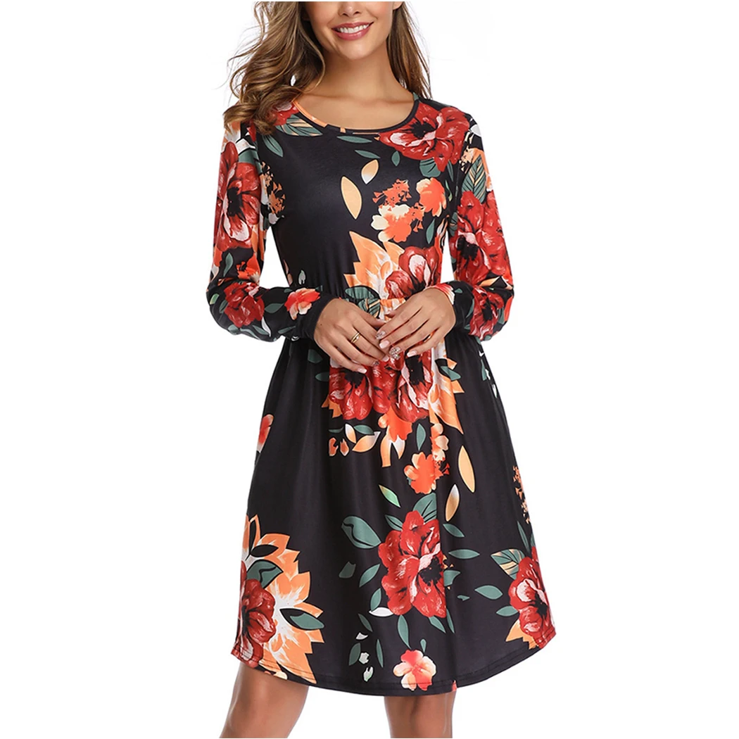 Винтажное платье женское с длинным рукавом круглым вырезом 2019 осенне-зимние