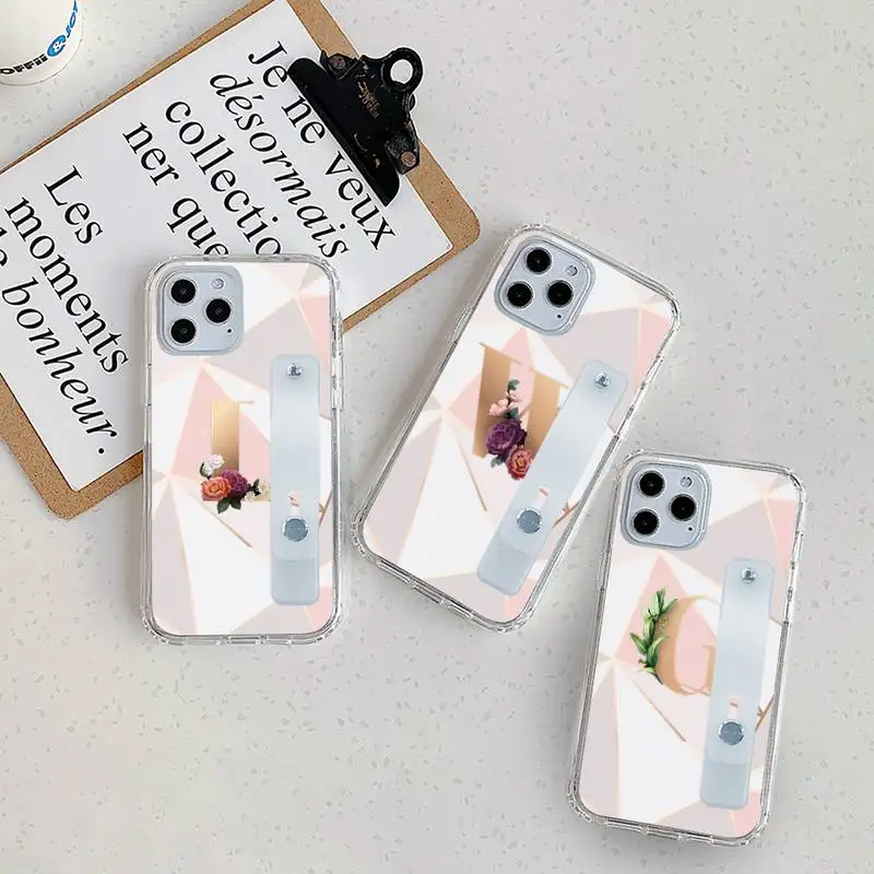 

English flowers marble geometry PhoneCase Wrist Strap For iPhone 7 8 11 12 X XS XR MINI Pro Max Plus Hand Band Transparent Clear