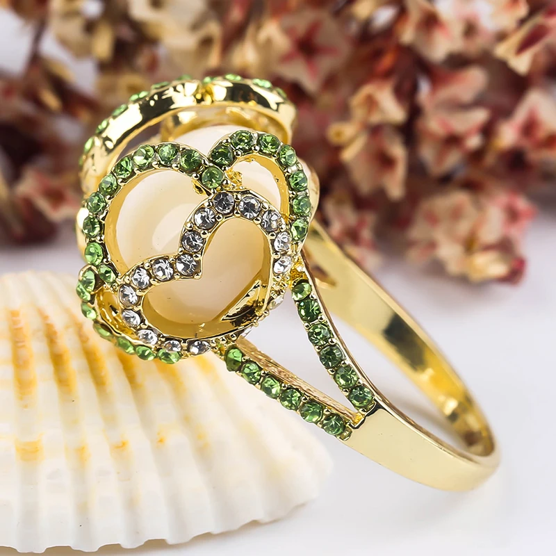 

Fashion Gold Plated White Zircon Flower Ring Micro Paved Green Rhinestone Stacking Rings For Women Punk Party Jewelry B4M479