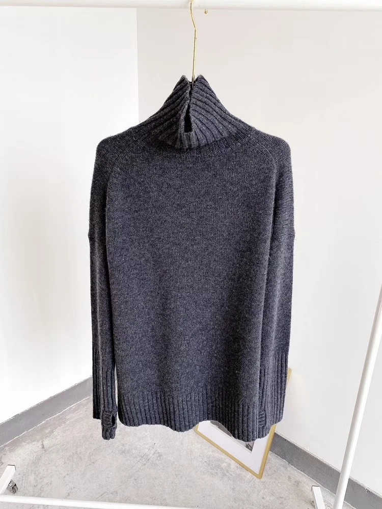 

Women Wool Sweater Black Gray Color Letter Embroidery Turtlenck Long Sleeve New Tops Knitwear Pull For Autumn Winter