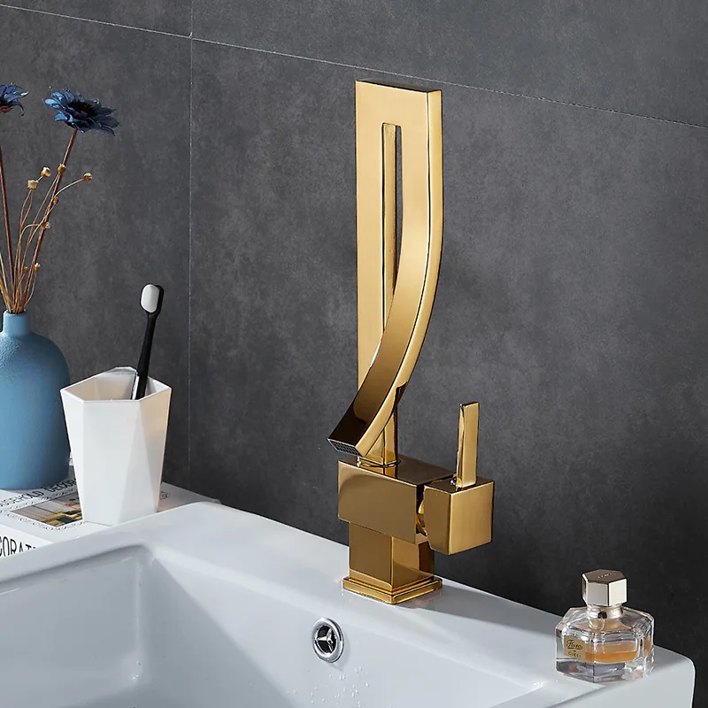 

Deck Mount Brass Gold Plated Creative Design Bathroom Sink Mixer Tap Waterfall Lavatory Golden Basin Faucet G1101