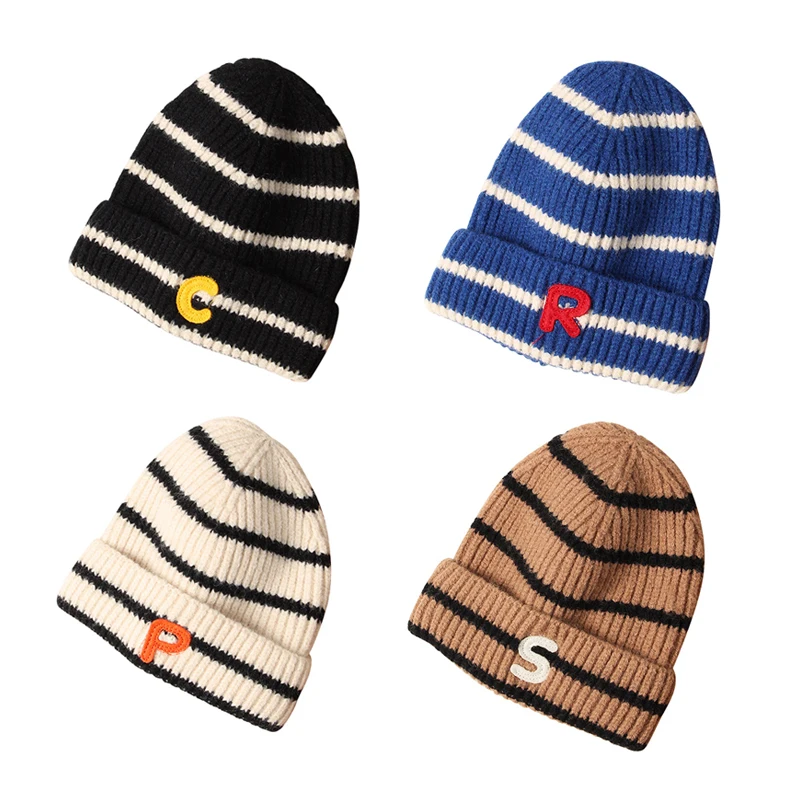 

Striped Letter Baby Boys Hat Toddler Infant Bonnet Knitted Hats for Girls Fashion Elastic Beanie Cap Newborn Babies Accessories