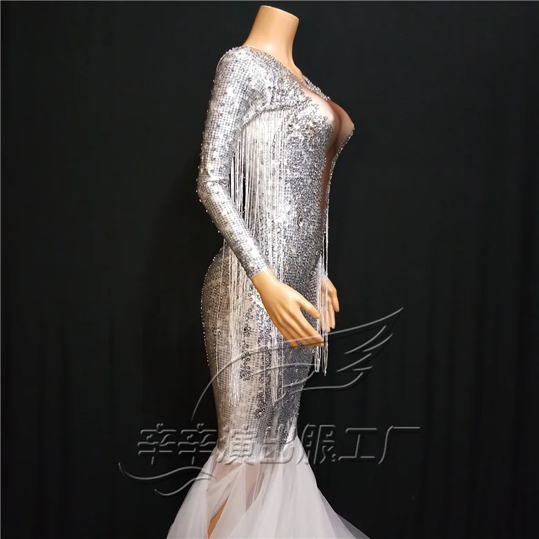Женское длинное Сетчатое платье Белое Облегающее Платье с блестящими камнями