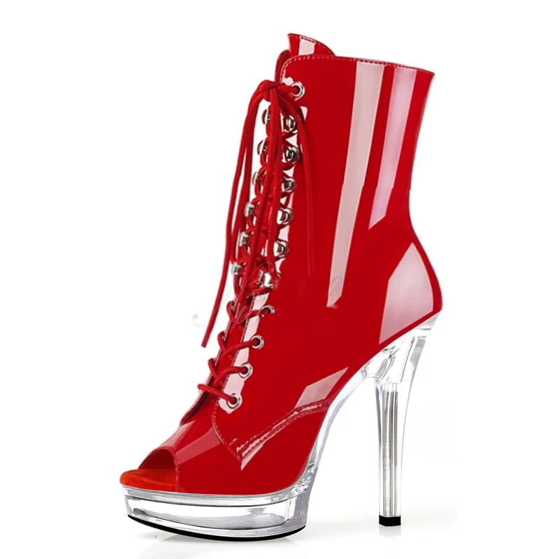 Sexy Women 13cm Super High Heels Fish Mouth Lace-up Short Boots Patent Leather Crystal Waterproof Platform Dance Shoes