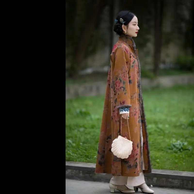 

Винтажный элегантный халат с цветочным принтом и длинными рукавами с необработанными краями Женская традиционная китайская одежда ханьфу ...
