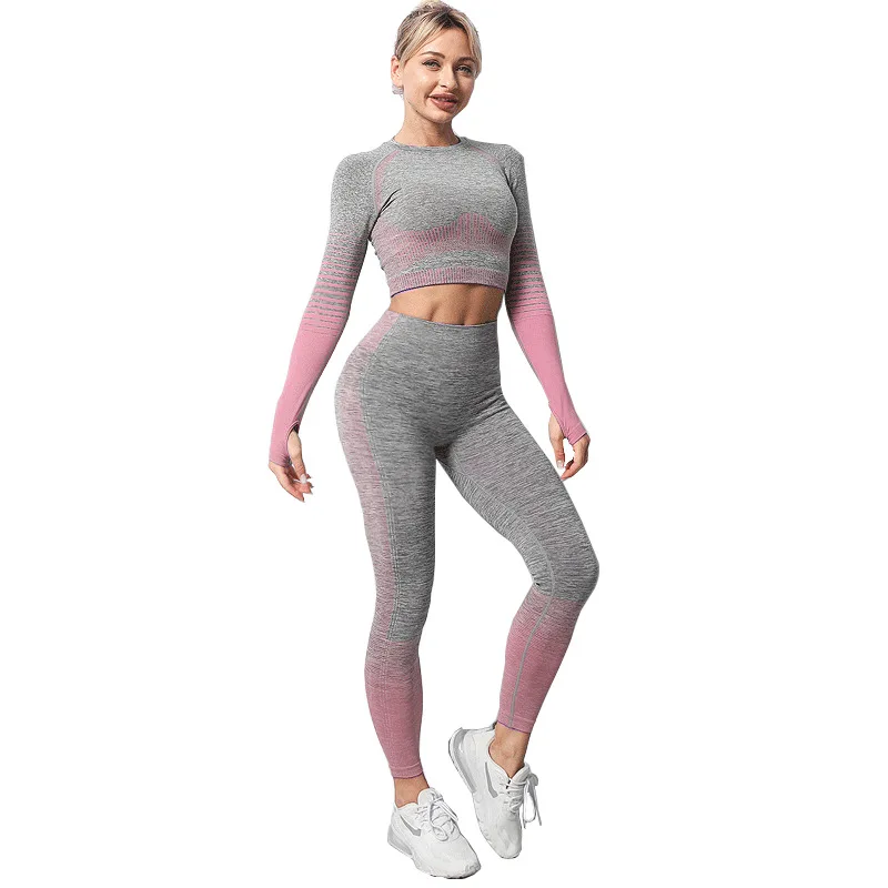 

European and American popular seamless quick drying tight long sleeve fitness suit striped knitted sports suit Yoga suit
