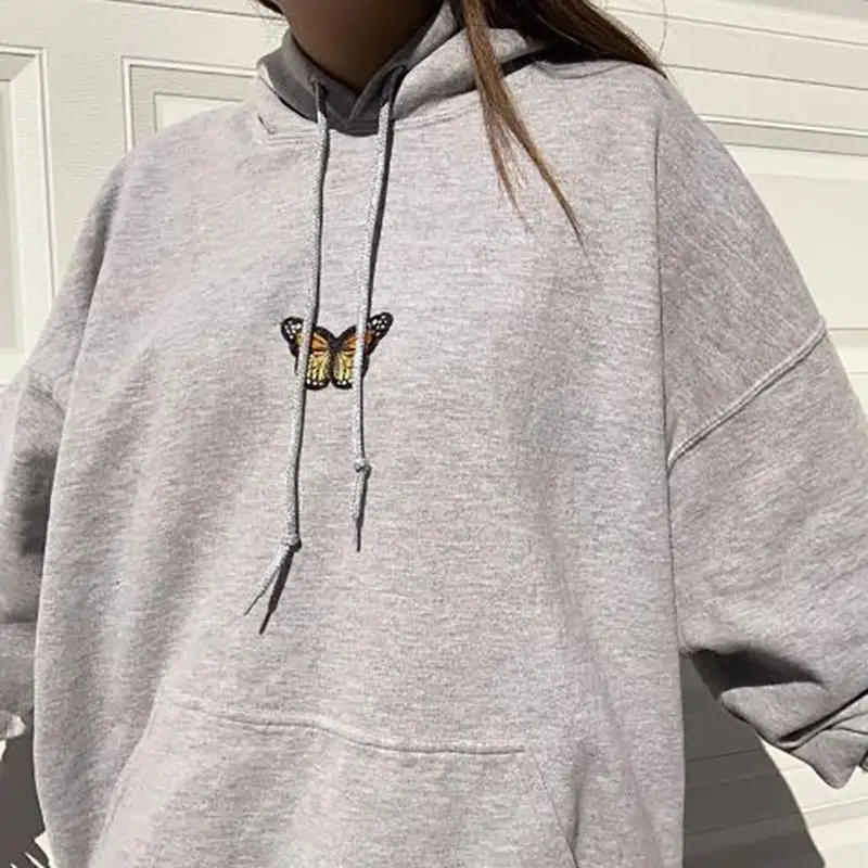 

New Arrival Butterfly Loose Vintage Sweatshirt Women 2021 Cotton Long Sleeve Hooded Oversized Hoodie Autumn Casual Chic Hoodies
