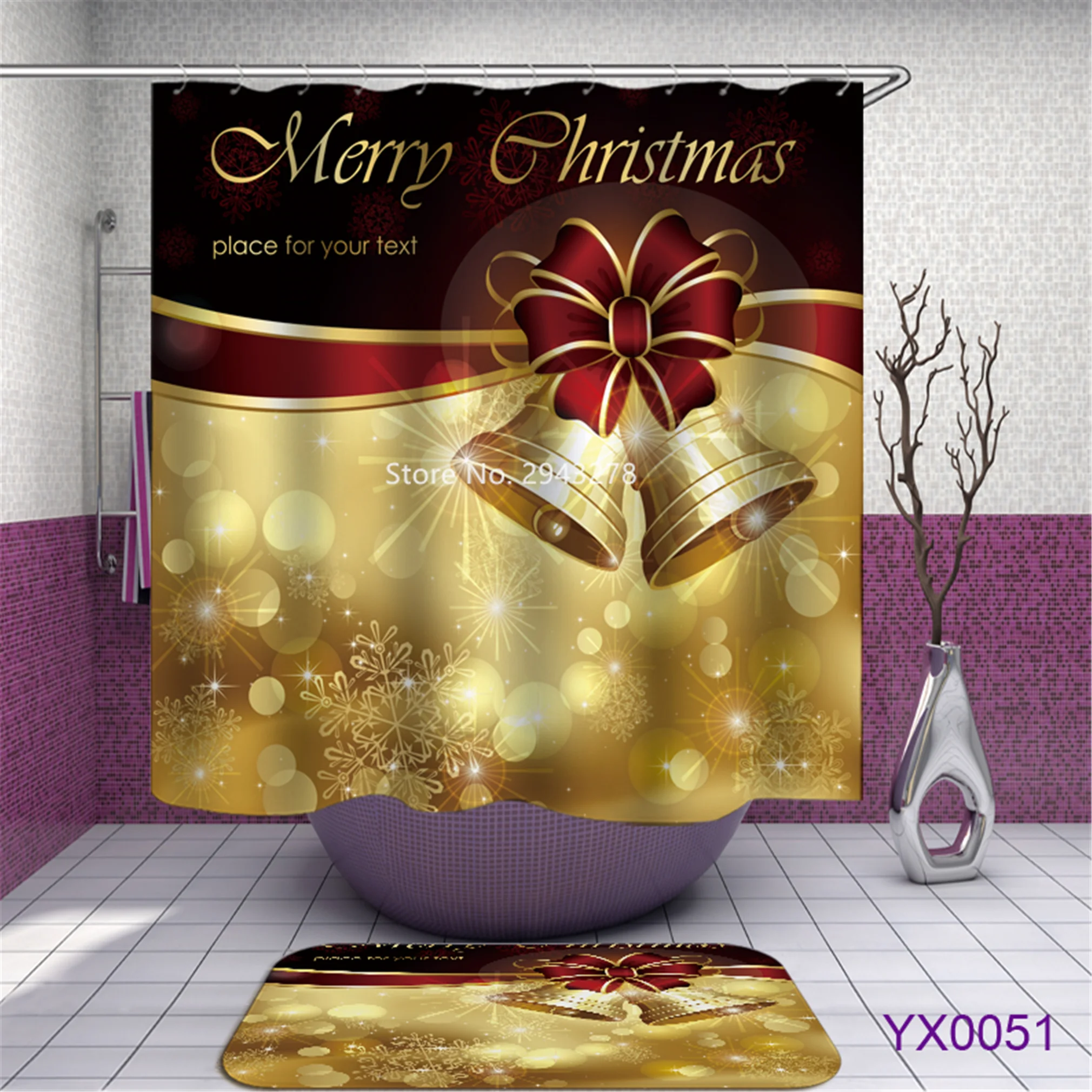 

Christmas Santa Claus Snowman Pattern Waterproof and Mildew Proof with Hook Water Shower Curtain Holiday Bathroom Decoration