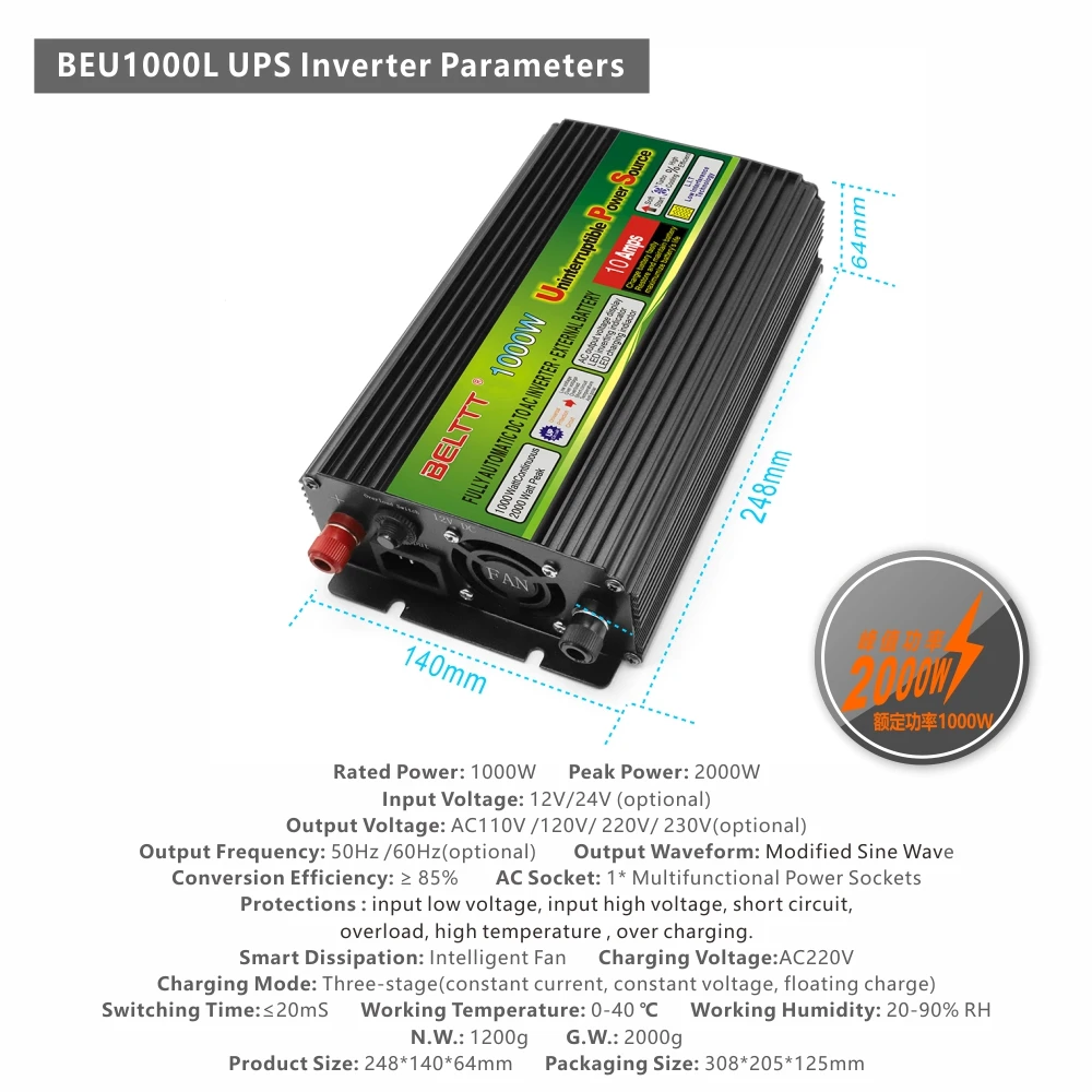 

Car Inverter 1000W DC 12V To AC 220V Modified Sine Wave Inverter Peak Power 2000W Charger Converter Intelligent Protection
