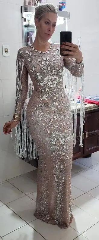 Long Sleeve Crystal Tassels Long Dress Evening Performance Fashion Show Dresses Nightclub Female Singer Concert Party Show Dress