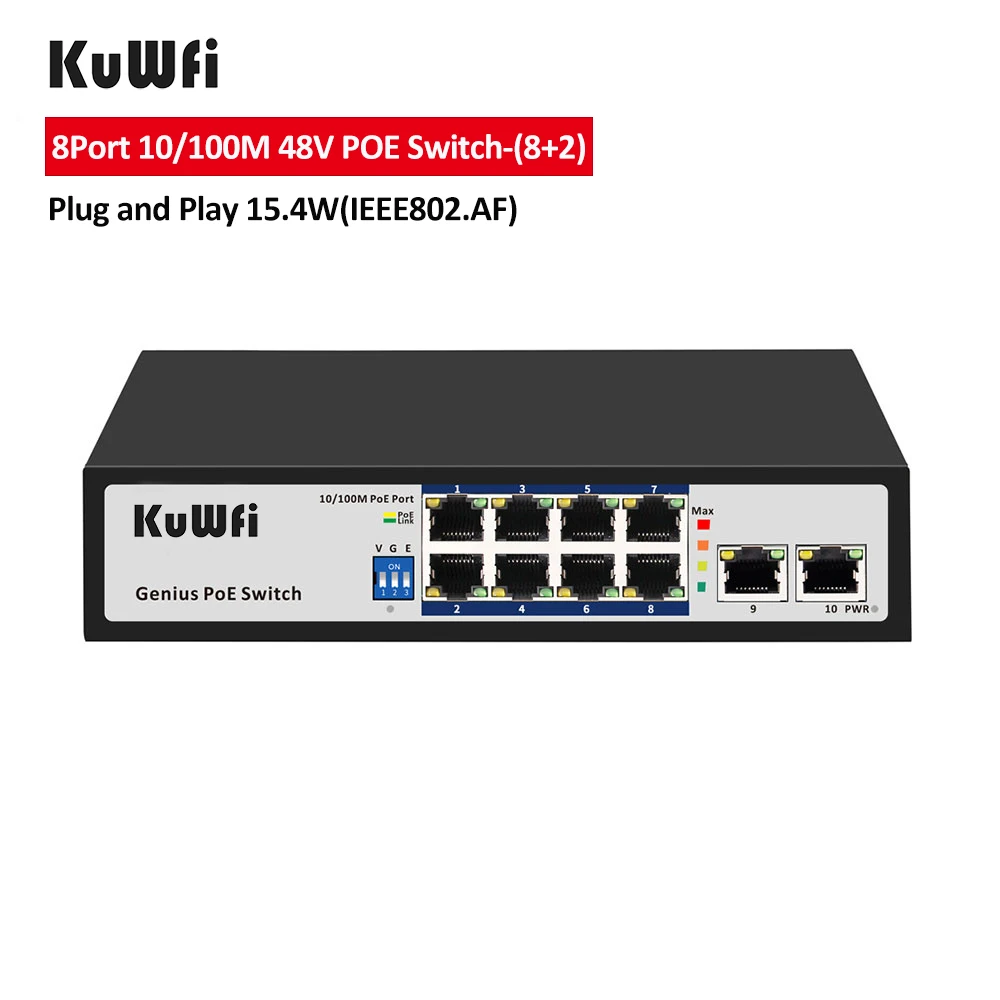 Interruptor de Rede 48v para Câmera – sem Fio Kuwfi Porto Switch 10 – 100m Ethernet ip Cctv ap Ieee 802.3 af at 8 Poe