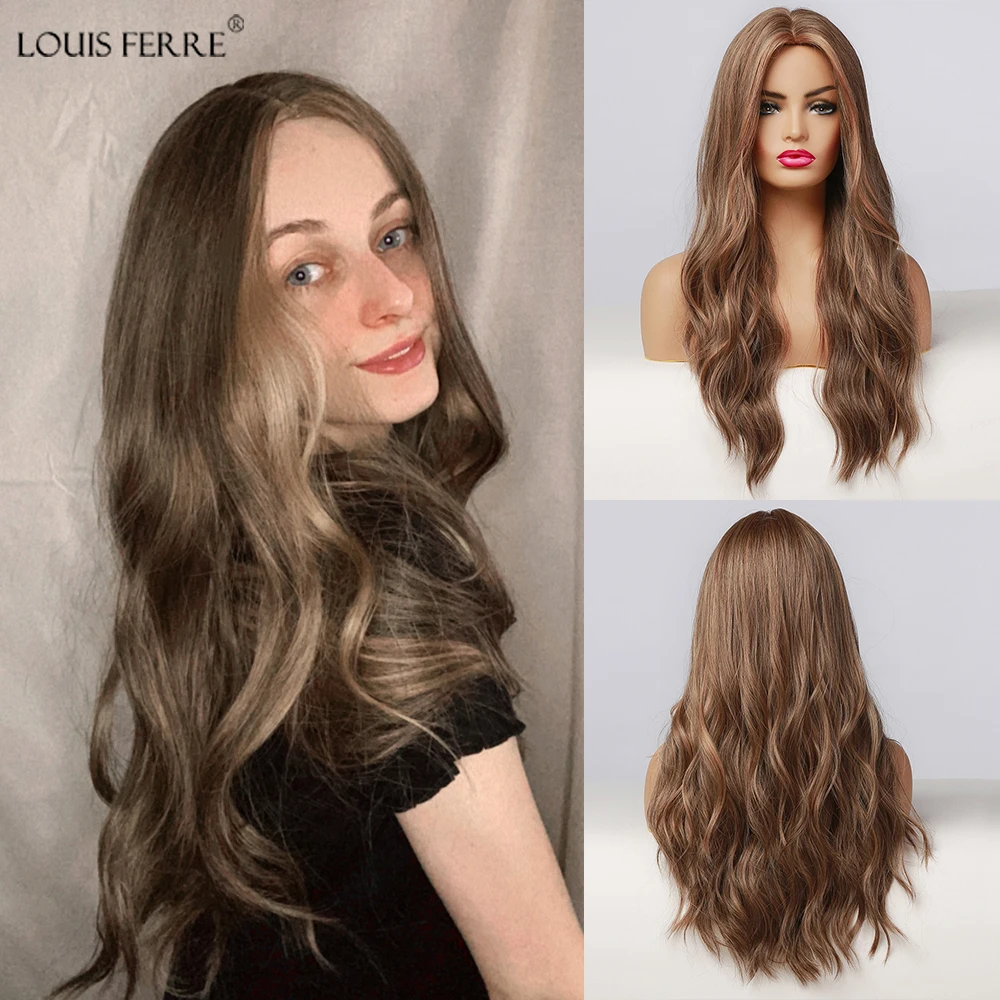 

LOUIS FERRE Women's Ombre Wig Long Wavy Honey Brown/Blonde Highlight Synthetic Hair Wig Brazilian Daily Party Wig Heat Resistant