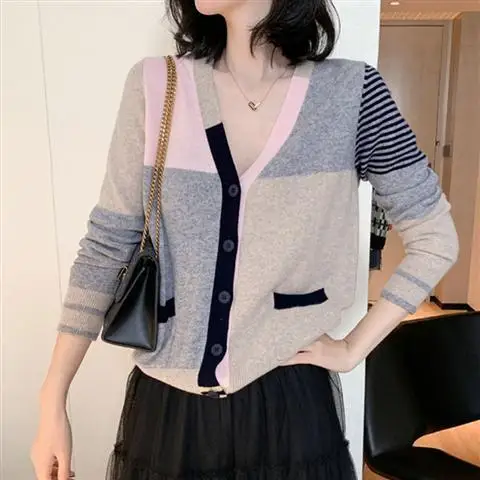 Vangull Patchwork Women Knitted Sweater Cardigans Long Sleeve Stripe Tops Fall Single Breasted Female Office |
