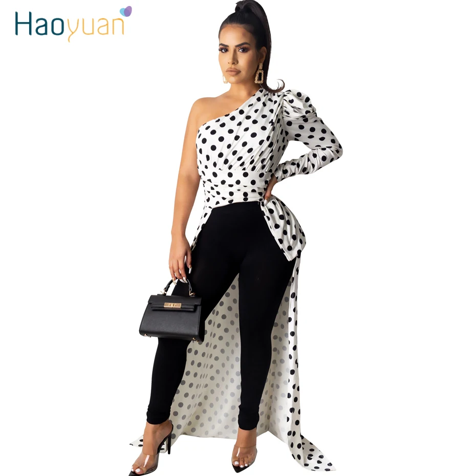 HAOYUAN, футболка в горошек, Женская туника, осенняя одежда, Rave, на одно плечо, с длинным рукавом, с неровным подолом, женские сексуальные Графические футболки, макси Топы